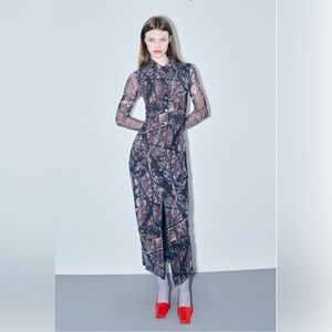 Forest Camo Mesh Long Sleeve Button Dress